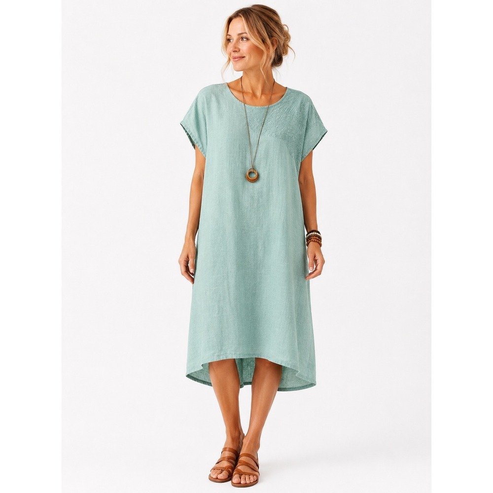 Peacock Ways Linen Midi Dress OS Seafoam Green Embroidered High-Low Relaxed‎